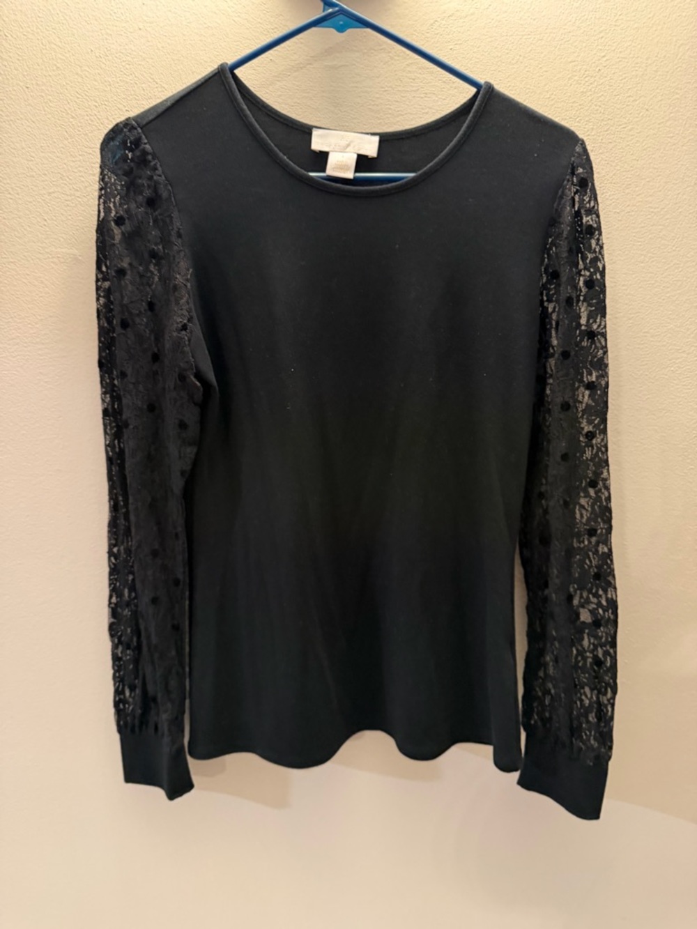 Rachel Parcell Black Lace Polka Dot Long Sleeve Top Crew Neck Womens Small
